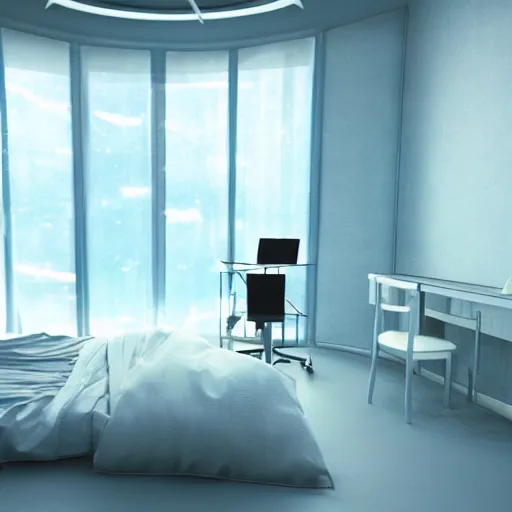 Image similar to bedroom, study room, anime, sci - fi, futuristic, aesthetic, chill, room, octane render, 8 k