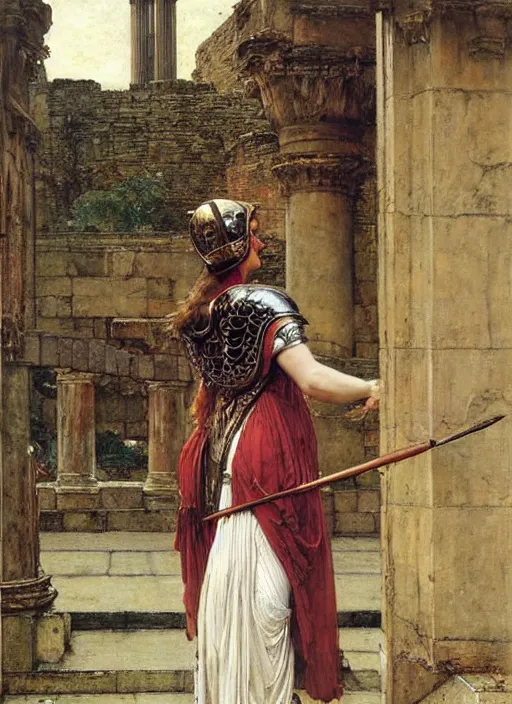 Image similar to portrait of helen of troy in armour outside the city walls, by lawrence alma tadema and rick berry and norman rockwell