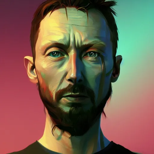 Image similar to Portrait of Thom Yorke half-human half-robot, mattepainting concept Blizzard pixar maya engine on stylized background splash comics global illumination lighting artstation lois van baarle, ilya kuvshinov, rossdraws