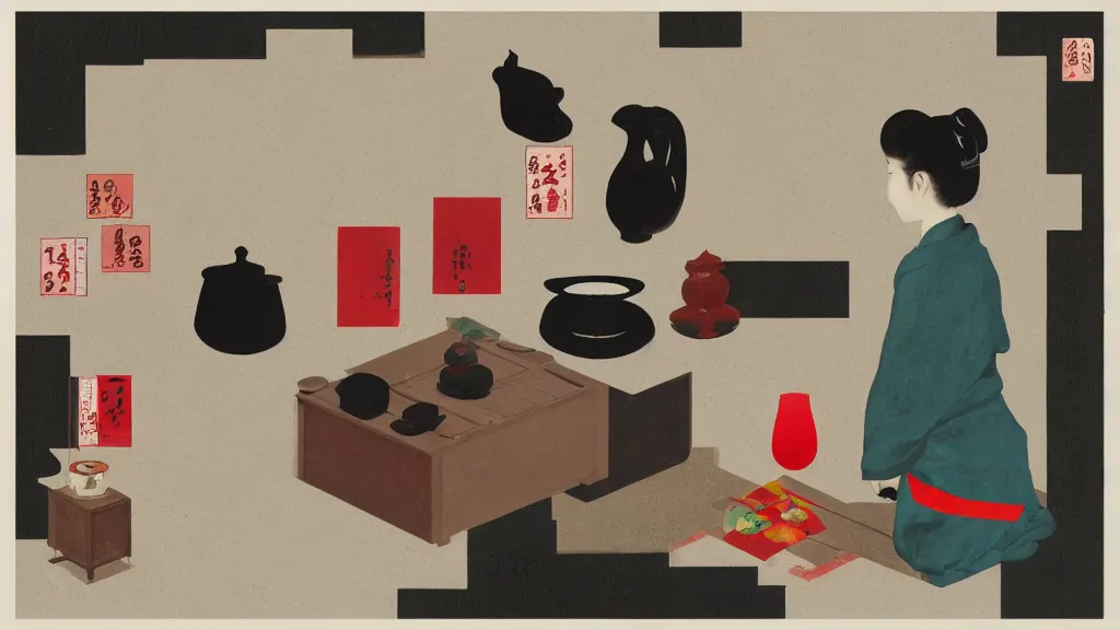 Image similar to a small tea ceremony, japan, a collage painting, in the style of wes anderson, lola dupre, david hockney, isolated on negative white space background dark monochrome neon spraypaint accents volumetric octane render