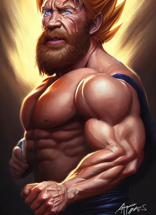 Image similar to portrait of aggressive chuck norris going super saiyan, d & d, muscular! storm! fantasy, intricate, elegant, highly detailed, digital painting, artstation, concept art, smooth, sharp focus, illustration, art by artgerm and greg rutkowski and alphonse mucha