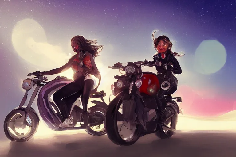 Image similar to a girl is riding a motorbike, digital painting, artstation, the space background,concept art, illustration,