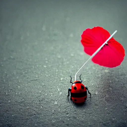 Image similar to a cute tiny robot holds a big flower up like an umbrella, a ladybug is beside the robot, raining, award winning macro photography, kodachrome, dramatic lighting