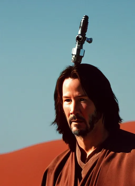 Image similar to close - up keanu reeves as a jedi holding a lightsaber, a red sand desert, 8 k, shallow depth of field, intricate detail,