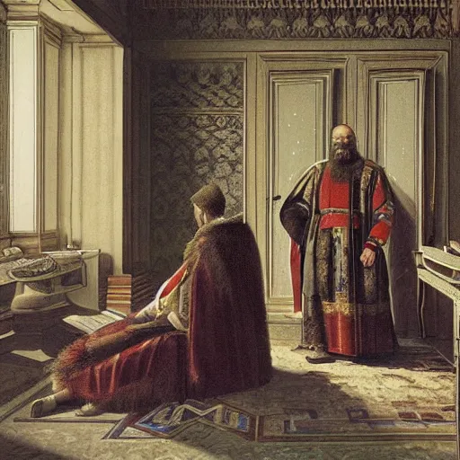 Prompt: Ivan the Terrible in his palace in Moscow is sneaking up on his son with an intention to kill him, wide angle, high detail, in style of Greg Rutkowski, width 768