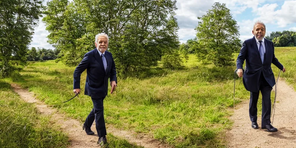 Image similar to alan sugar going for a walk in the country. summer time. the apprentice, 8 k, nature photography