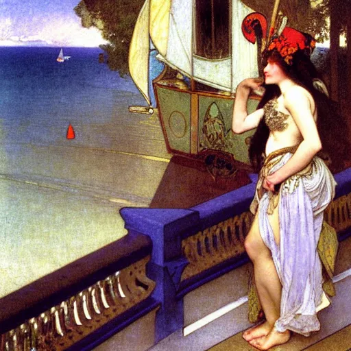 Image similar to A girl with jester hat and clothes on a greek archi circle on the front of a Balustrade with a beach and a sail boat on the background, major arcana cards, by alphonse mucha and arnold böcklin arnold böcklin arnold böcklin, paul delaroche, hyperrealistic 8k, very detailed