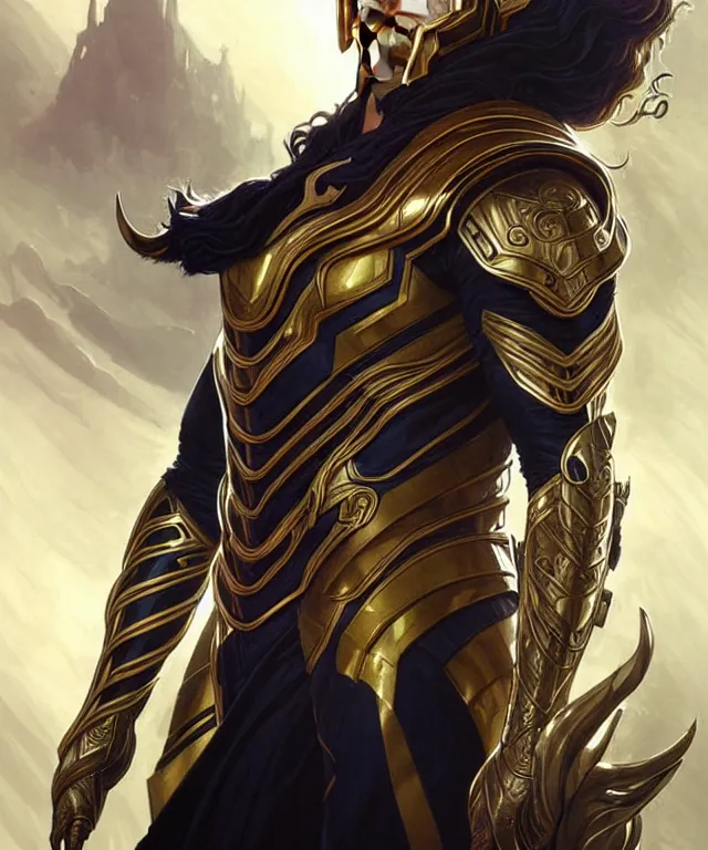 Image similar to Loki in armor, art nouveau, fantasy, intricate science designs, elegant, highly detailed, sharp focus, art by Artgerm and Greg Rutkowski and WLOP