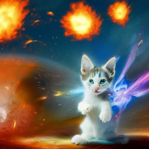 Image similar to a magic the gathering card of a kitten blowing up a planet