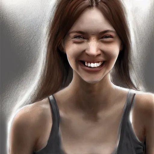 Prompt: a woman that successfully escaped her internal hell and looks genuinely happy, she would fit into most social situations and be seen as a good person. hyperrealism, trending on artstation.