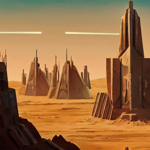 Prompt: Tall Spire Military base with Laser Turrets shooting, Sand Dunes, Desert Planet, War, Star Wars, Warhammer 40k, Retro Futurism, Art Deco, Simon Stålenhag