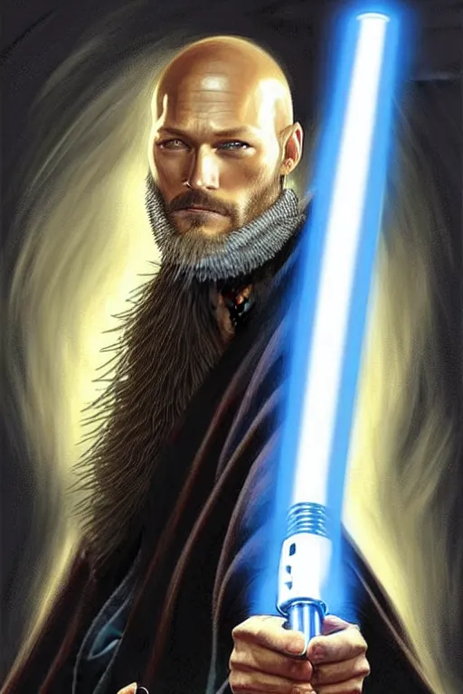 Prompt: bald Travis Fimmel with a long shaggy beard as a Jedi Master holding a lightsaber, looking at the viewer, detailed face, high contrast, highly detailed, digital painting, sharp focus, trending on artstation, concept art, illustration, art by greg hildebrandt and clayton crain