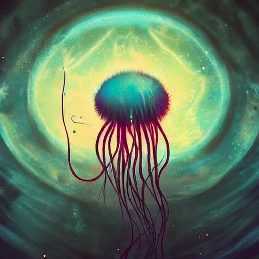 Prompt: a picture of a jellyfish in the water, poster art by anato finnstark, trending on cgsociety, space art, cosmic horror, cyanotype, lovecraftian