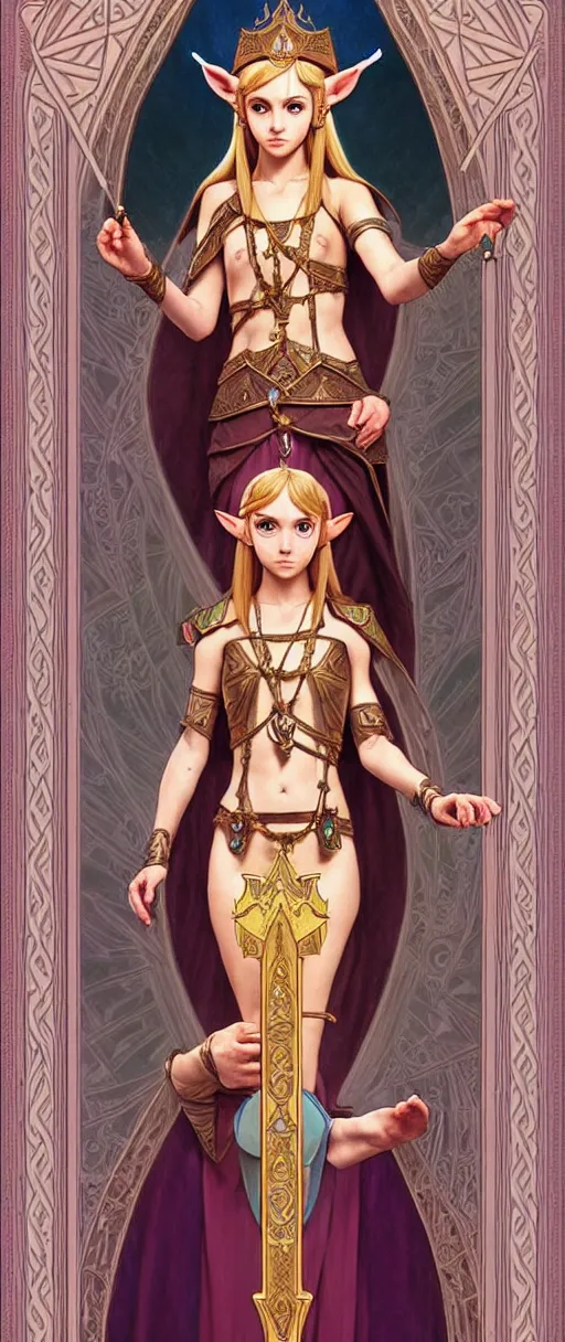 Prompt: perfectly detailed princess zelda esoteric tarot card!! blessed by nature with ever - increasing physical mental perfection, symmetrical! intricate, sensual features, highly detailed, biblical divine holy perfection!! digital painting, artstation, concept art, smooth, sharp focus, illustration, art by artgerm and greg rutkowski and alphonse mucha