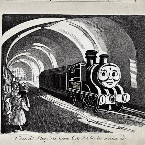 Image similar to 1 7 0 0 s newspaper etching of thomas the tank engine crashing into grand central station