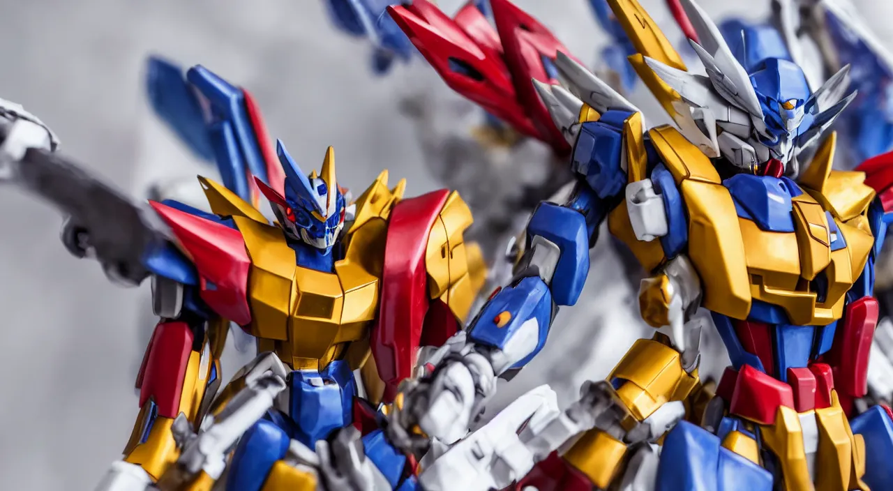 Image similar to medium close up view, Gundam,Guyver,colourful,bokeh,blur,cinematic lighting