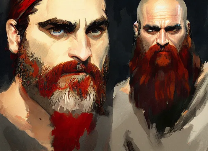 Image similar to a highly detailed beautiful portrait of joaquin phoenix as kratos, by gregory manchess, james gurney, james jean