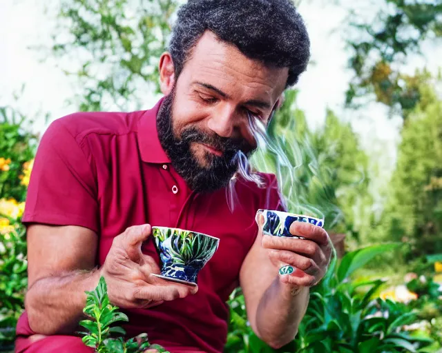 Prompt: mr robert is drinking fresh tea, smoke pot and meditate in a garden from spiral mug, detailed smiled face, muscular hands, golden hour closeup photo, red elegant shirt, eyes wide open, ymmm and that smell