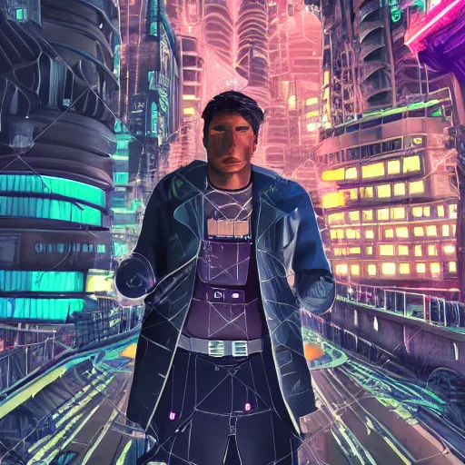 Prompt: neuropunk man in the sci - fi city of future