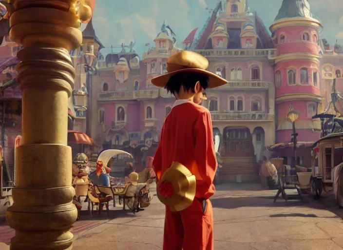 Image similar to a film still of cosplay of luffy the pirate in the grand budapest hotel ( 2 0 1 4 ), artwork by craig mullins, octane, unreal, trending on art station