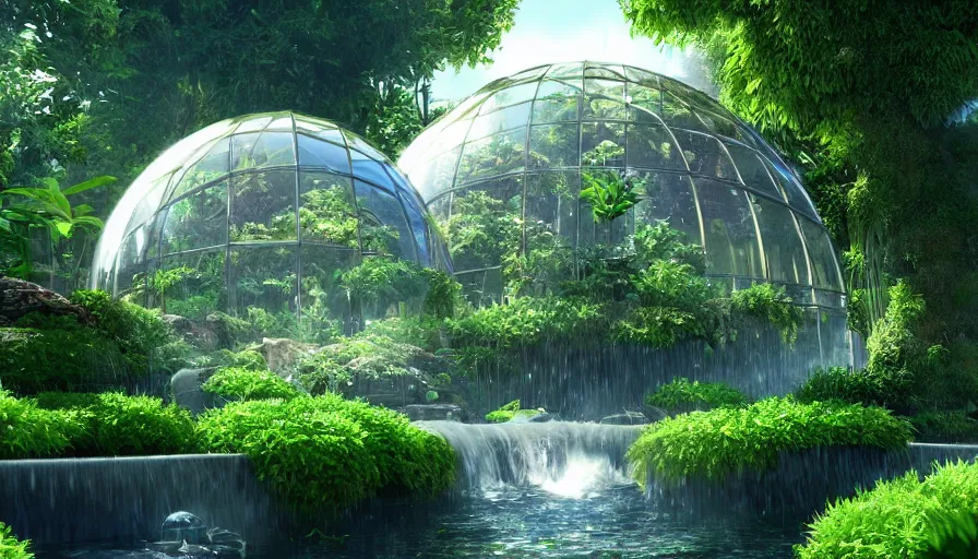 Prompt: botanical garden with transparent glass dome, giant plant, flowing water, sunshine. game cg, hyperdetailed, trending on cgsociety