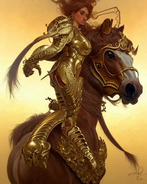 Image similar to a centaur in ornate golden armor, fantasy character portrait, ultra realistic, intricate, elegant, highly detailed, digital painting, artstation, smooth, sharp, focus, illustration, art by artgerm and greg rutkowski and alphonse mucha