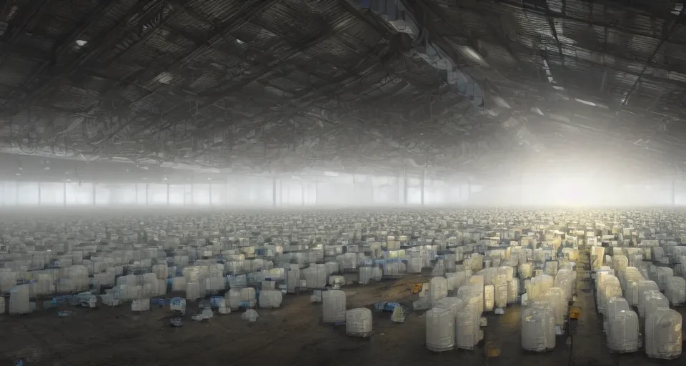 Image similar to illustration of rows of cryopods in a cold warehouse, refrigerated storage facility, rolling fog, greg rutkowski, cyberpunk, dramatic lighting, unreal engine 5, colorful