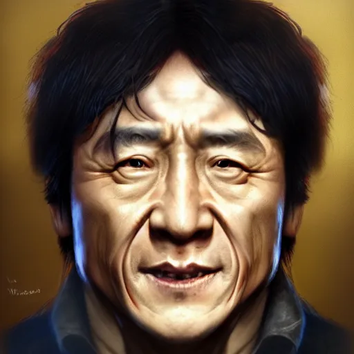 Image similar to Jackie Chan as a zombie, by WLOP, detailed, realistic, trending on artstation