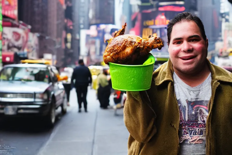 Image similar to closeup potrait of Shrek selling chicken in a new York street, natural light, sharp, detailed face, magazine, press, photo, Steve McCurry, David Lazar, Canon, Nikon, focus