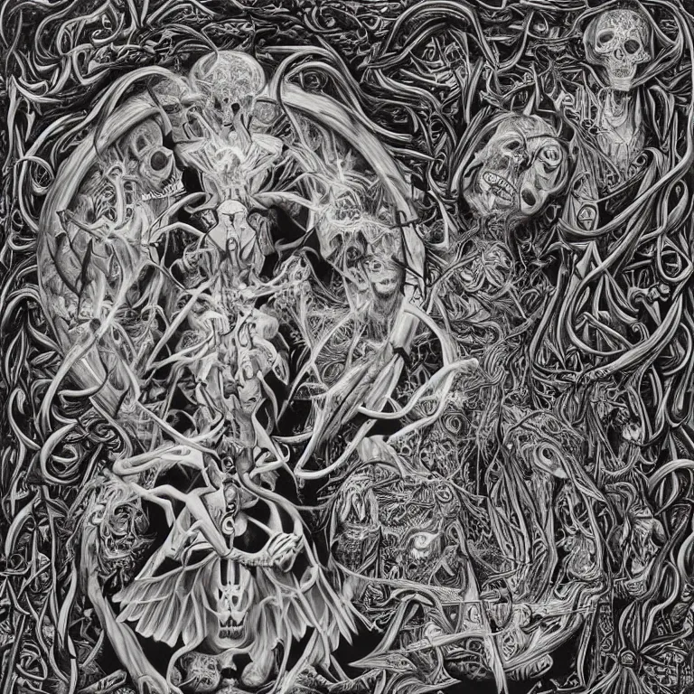 Image similar to meditation on death by Alex Grey and M. C. Escher collaboration