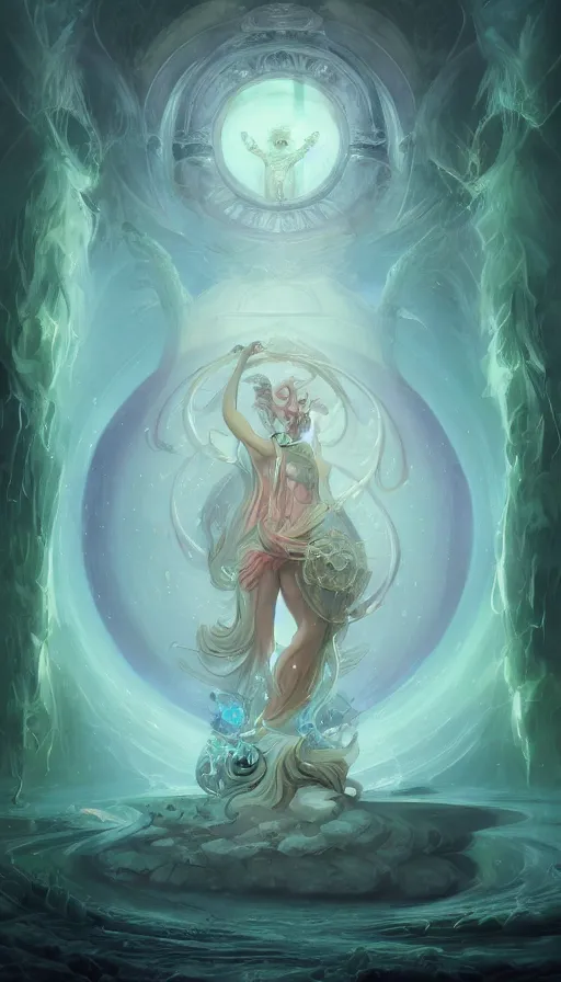 Prompt: goddess of illusion, beautiful, stunning, breathtaking, mirrors, glass, magic circle, magic doorway, fantasy, mist, bioluminescence, hyper - realistic, unreal engine, by peter mohrbacher