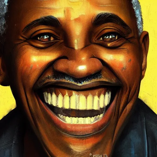 Image similar to old black man portrait, face smiling, golden teeth, flat background, greg rutkowski gta san andreas art