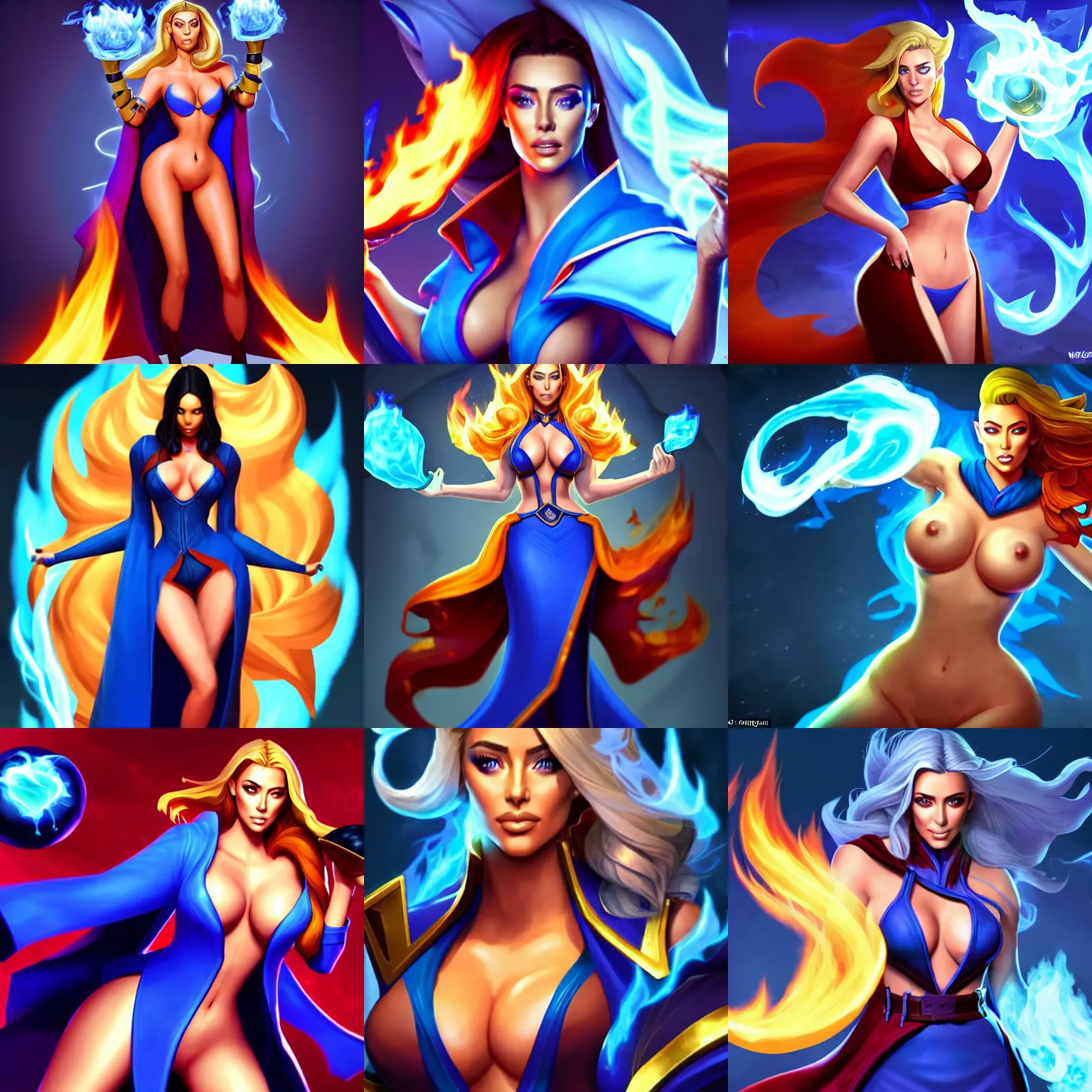 Prompt: Who : a mage with a blue robe casting a fire ball ; Face and hair : Amber Heard ; Body type : Kim Kardashian ; Clothes : covering ; IMPORTANT : League of Legends official splash art, award winning, trending in category \'hyperdetailed\'