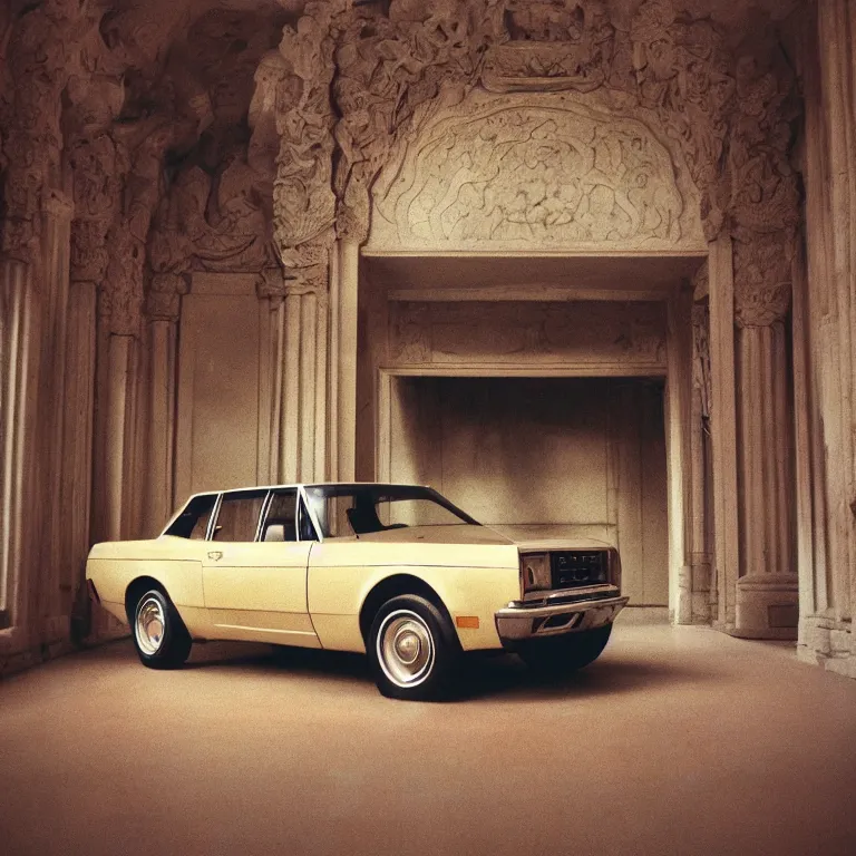 Image similar to 1 9 7 0 s car inside a marble temple, film photo, soft lighting album cover, nostalgia, gradient, light reflection