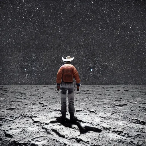 Image similar to cowboy standing on the moon looking up at earth and the stars, photorealistic, octane render, blender render, unreal engine, 3 5 mm