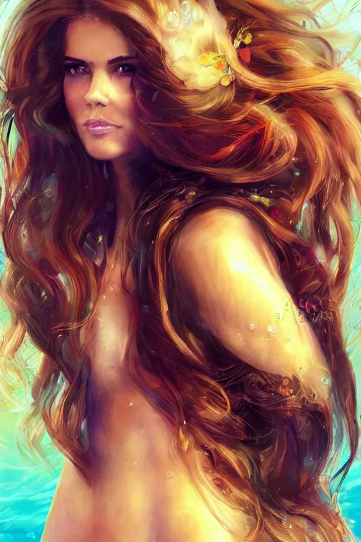 Image similar to mix of beautiful young maria shriver, mariel hemmingway, brooke shields, nicole kidman and elle macpherson as an underwater mermaid, thin lips, hair tied up in a pony tail, dark blonde hair, colorful, artstation, cgsociety