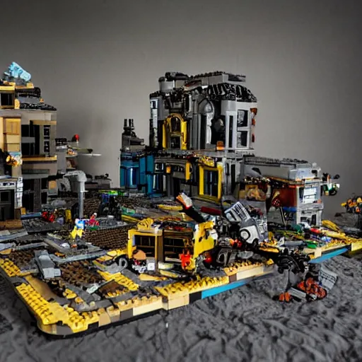 Prompt: post - apocalyptic lego - city, very detailed photo, ambient light, grotesque mood