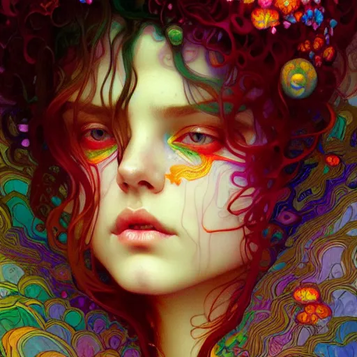 Image similar to A girl having an extremely colorful psychedelic experience, magic mushrooms, psilocybin, face, detailed, intricate, elegant, highly detailed, digital painting, artstation, concept art, smooth, sharp focus, illustration, art by Krenz Cushart and Artem Demura and alphonse mucha