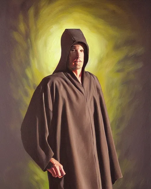 Image similar to oil painting portrait of a man in dark robes, hooded, made by greg rukowtski, fantasy, moodly