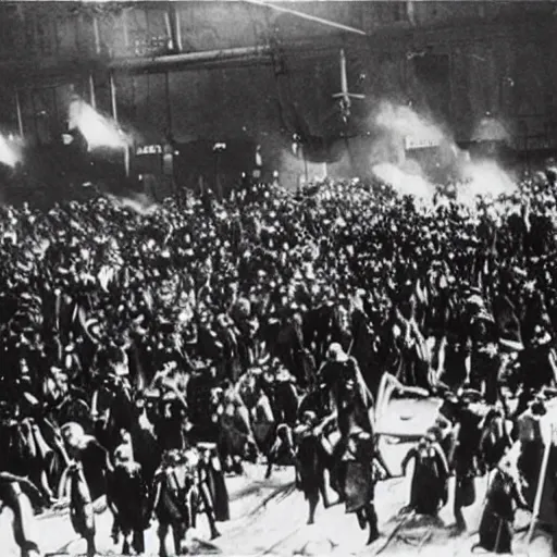 Image similar to silent film image of riot in amazon warehouse