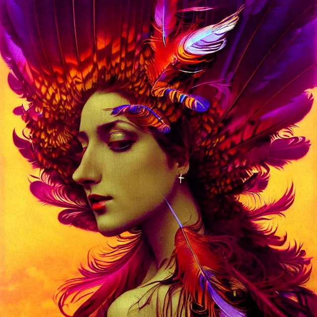 Image similar to face of psychedelic transcendent feather mind bending psychedelic wings of glossy liquid honey flowing like kaleidoscopic translucent holograph, lsd feathers, feathery fluff, enlightenment, high contrast dappled lighting, refracted sunset, highly detailed, concept art, art by collier, albert aublet, krenz cushart, artem demura, alphonse mucha