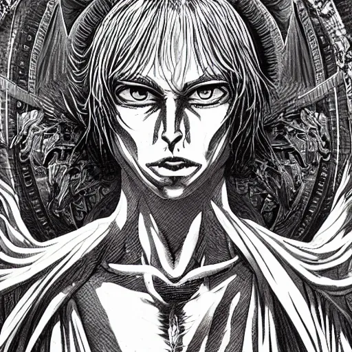 Image similar to 4K headshot portrait of godlike Warlock of Nazareth with defined arms and open hands and bloody clothes with giant mandala wings , intricate face , flawless anime cel animation by Kentaro Miura, psychedelic , highly detailed upper body , professionally post-processed , beautiful, scary, symmetry accurate features, epic, octane rendered, anime masterpiece, accurate by Craig Mullins, ilya kuvshinov, krenz cushart, epic , artgerm trending on artstation by Edward Hopper and Dan Mumford and WLOP and Rutkovsky, beksinski carl spitzweg moebius and tuomas kocar, intricate artwork by caravaggio, Unreal Engine 5, Lumen, Nanite