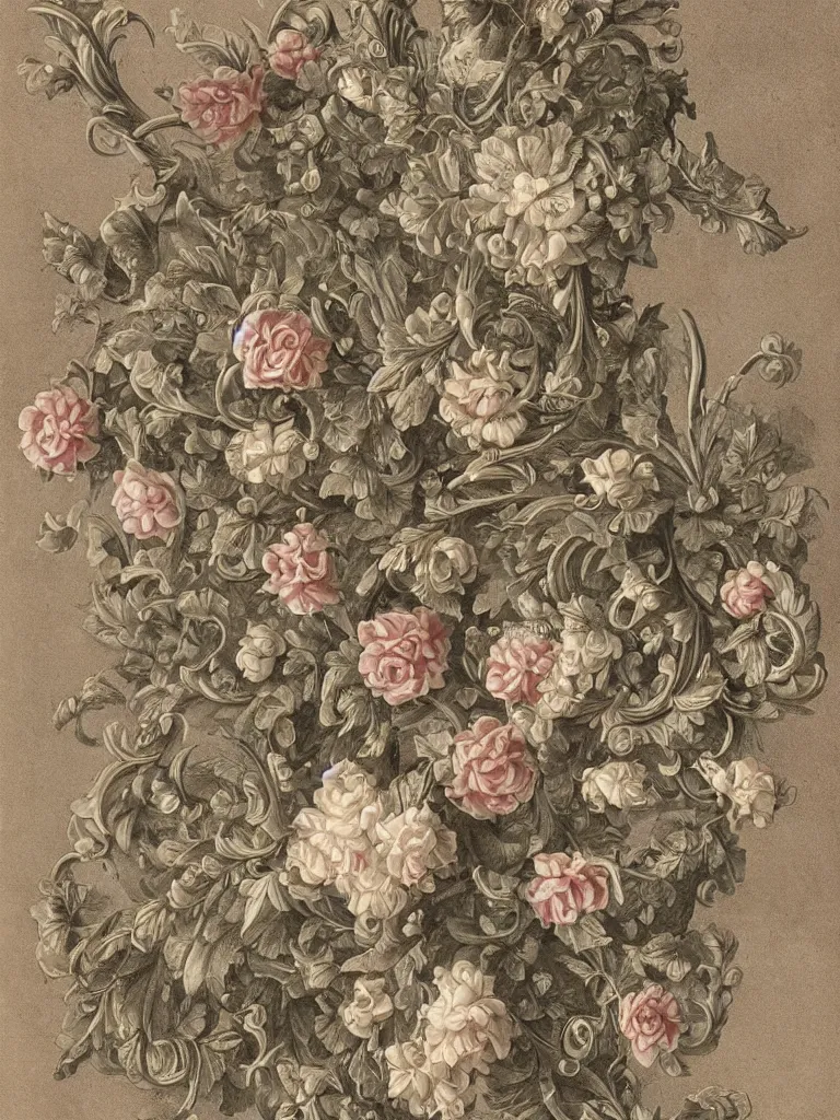 Prompt: beautiful decorative ornament with rococo, classical and victorian floral elements, decorative design, classical ornament, bilateral symmetry, roses, lilies, leaves, flowers and stems, buds, flowering buds, highly detailed etching, beautiful mature color palette