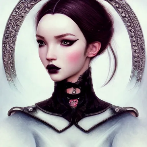 Image similar to tom bagshaw, very beautiful genetic mix of dove cameron madison beer bella poarch in a dark fantasy warrior splendid armor, ornaments, thin gothic makeup, professionally retouched, focus eyes, ultra realistic soft painting, insanely detailed linework, symmetrical accurate intricate features, behance artstation, 8 k