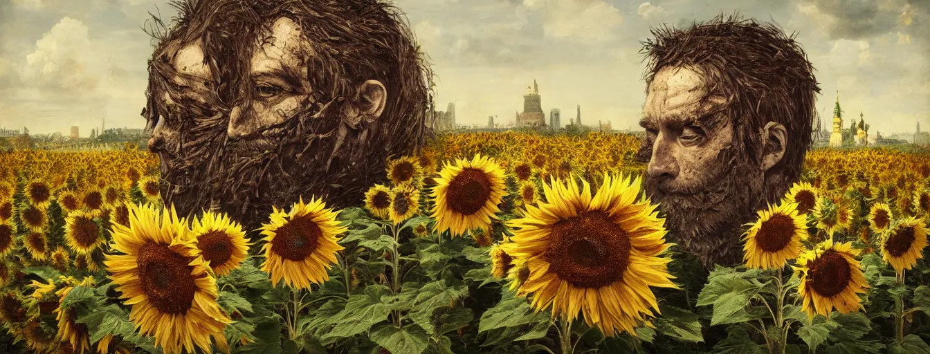 Prompt: old soldiers head being overgrown by sunflowers on Krim, Moscow in background, dark, eerie, despair, portrait photography, artstation, digital art, adward winning, concept art, artstation, highly detailed, sharp focus, by caravaggio