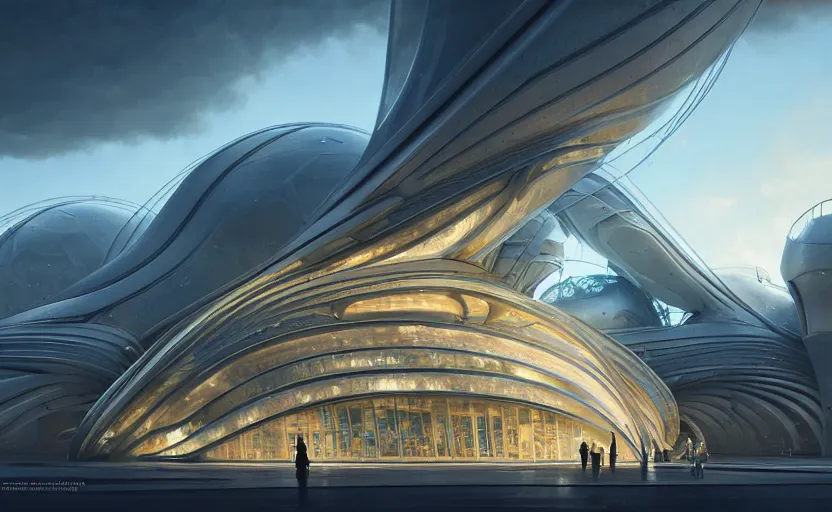 Image similar to exterior shot of utopian architecture transparent building with cinematic lighting by zaha hadid and renzo piano, darek zabrocki and greg ruthkowski, alphonse mucha, simon stalenhag, cinematic, stars, beautiful, holy place, paradise, scifi, futurism, atmospheric, concept art, artstation, trending on artstation