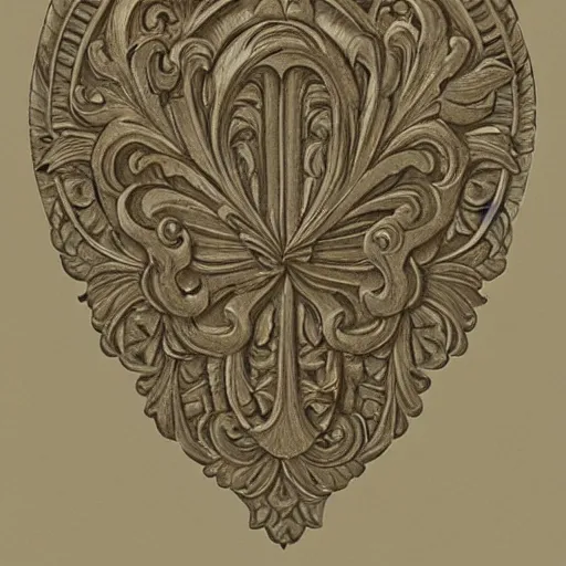 Image similar to a beautiful and masterful engraving decorative ornamental emblem, acanthus, floral, acroteria, arabesque, bead and reel, beams, bocage, cartouche, caulicoli, dentils