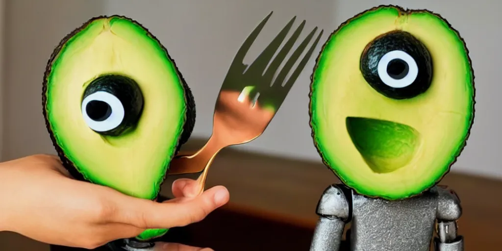 Image similar to robot with avocado head and cute eyes that has forks instead of arms
