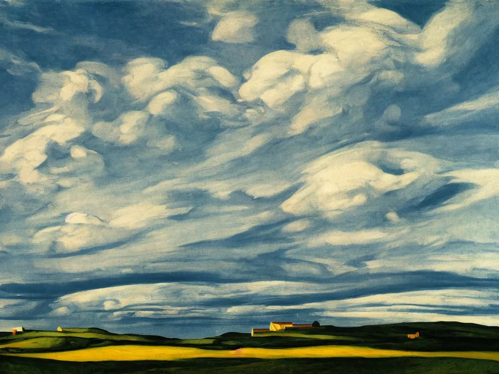 Image similar to dramatic landscape of donegal ireland after the storm, mammatus clouds and lenticular clouds, by edward hopper and giorgio de chirico