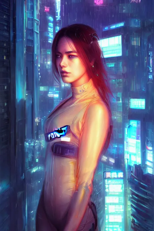 Image similar to portrait futuristic beautiful cyberpunk female police, in heavy rainning futuristic tokyo rooftop cyberpunk night, ssci-fi, fantasy, intricate, very very beautiful, elegant, neon light, highly detailed, digital painting, artstation, concept art, soft light, hdri, smooth, sharp focus, illustration, art by tian zi and craig mullins and WLOP and alphonse mucha